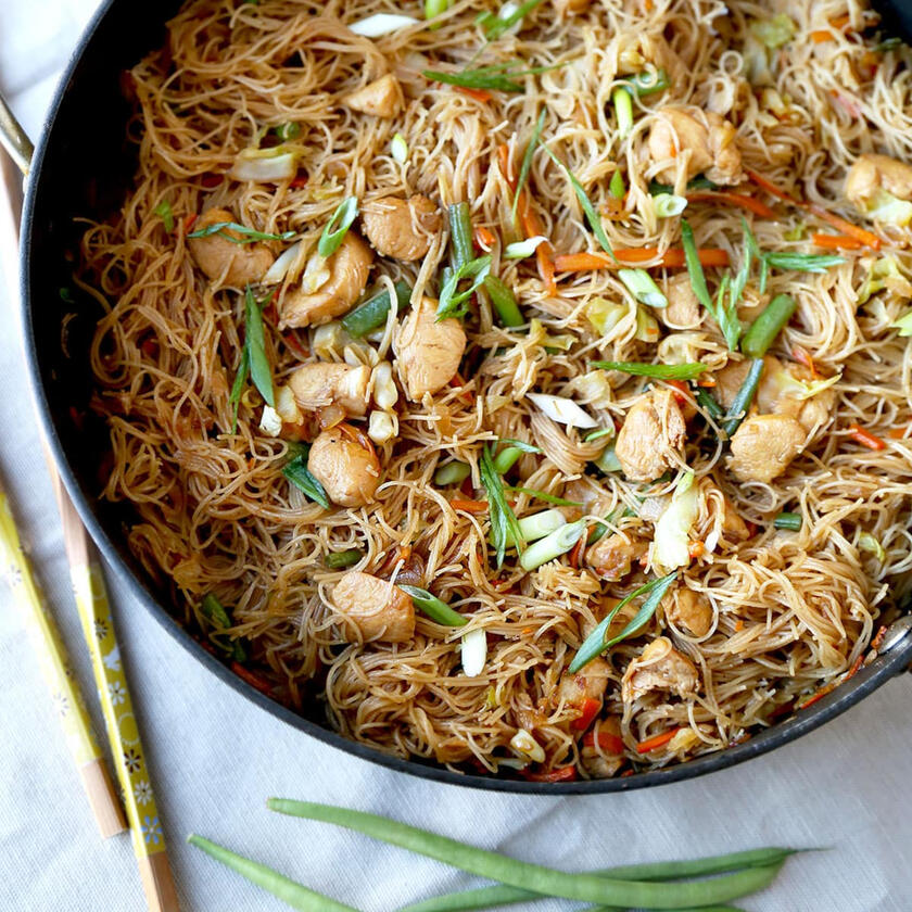 Stir fry noodles in a savoury oyster sauce with pork, chicken and vegetables